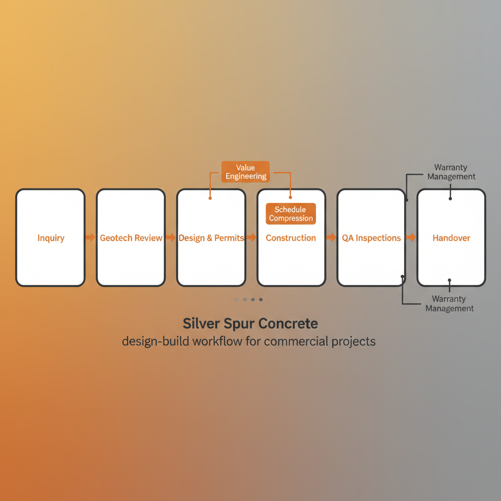 Silver Spur Concrete's design-build process flow from initial inquiry to project handover, highlighting value engineering and quality assurance.