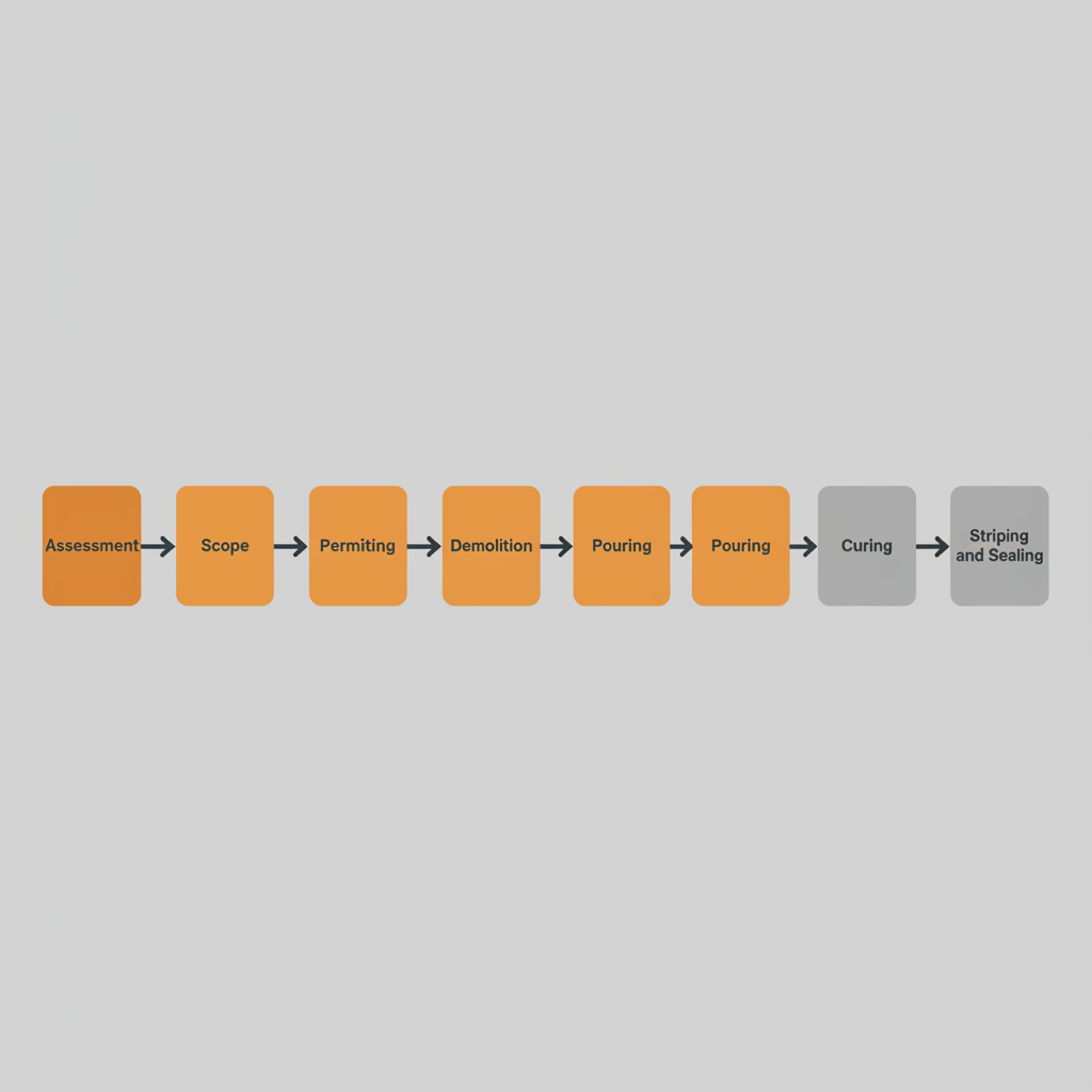 Process flow diagram showing the steps for commercial concrete repair, including assessment, repair scope, permitting, demolition, pouring, curing, and striping/sealing.