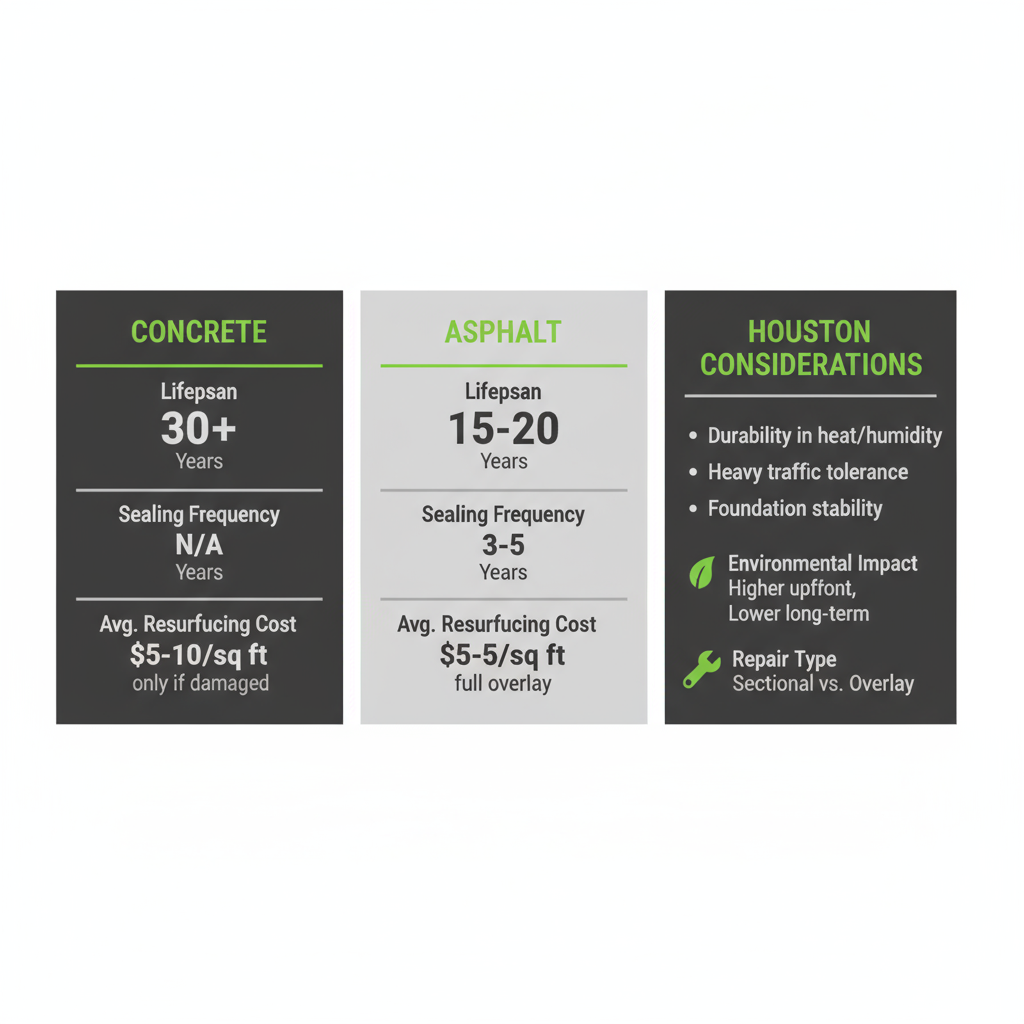 Infographic comparing lifecycle costs and maintenance of concrete versus asphalt paving in Houston climate.