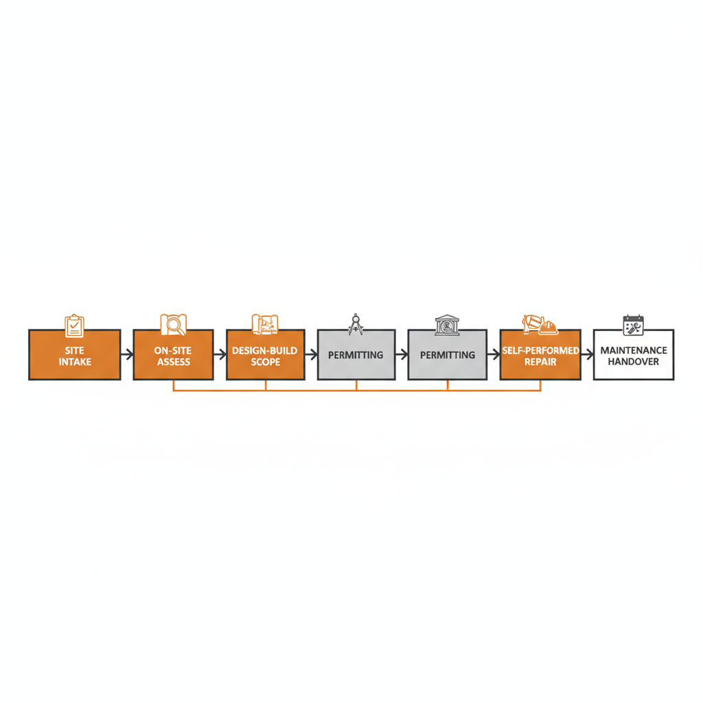 Horizontal process flow depicting Silver Spur Concrete's commerical repair workflow from initial site intake to maintenance handover.