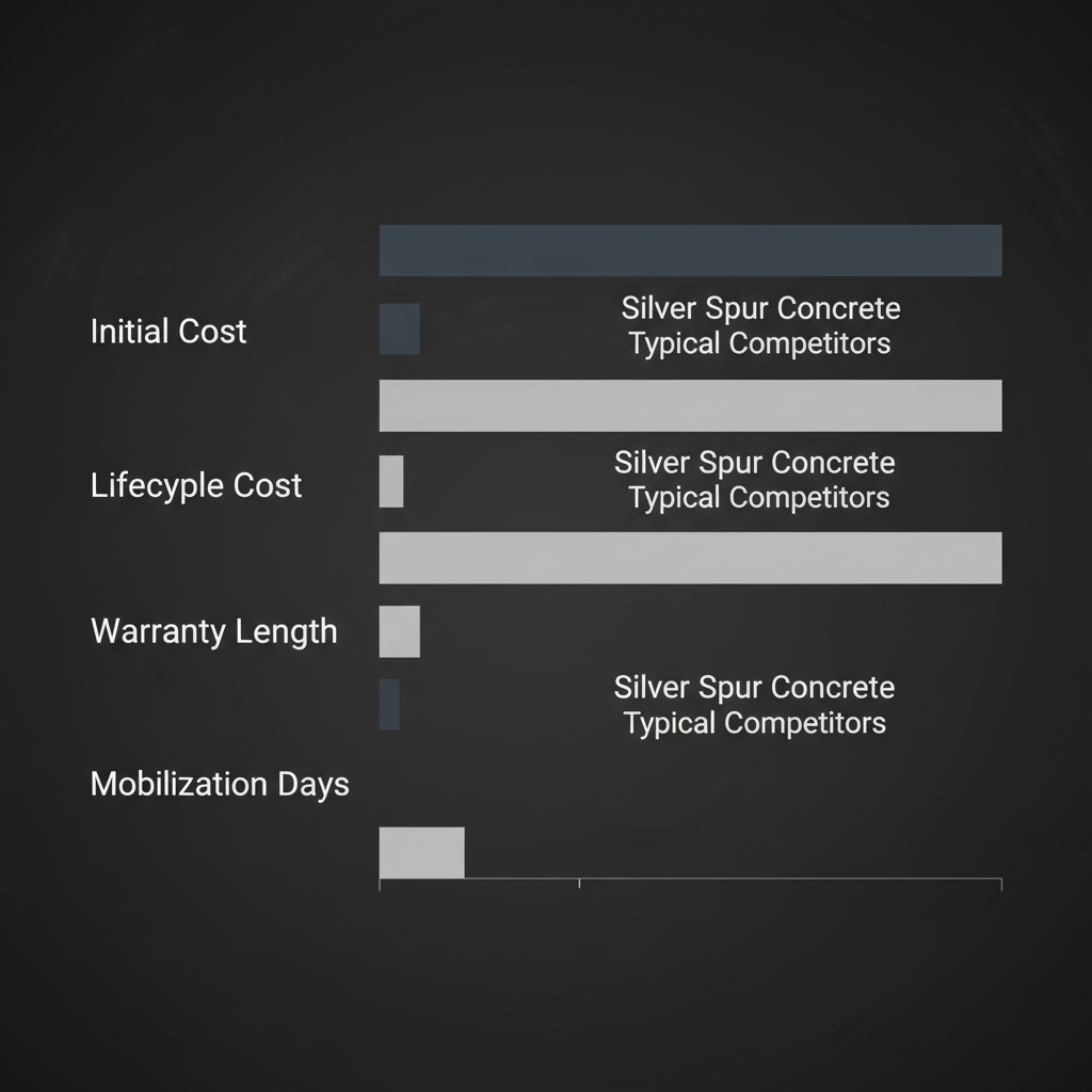 Data visualization comparing Silver Spur Concrete's initial cost, lifecycle cost, warranty length, and mobilization days against typical competitors, showing competitive advantages.