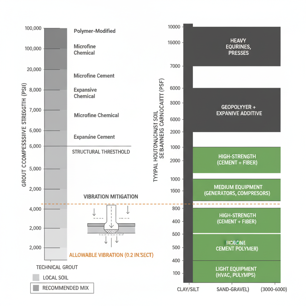 Data visualization comparing vibration mitigation methods, grout compressive strength, and soil bearing capacities for Houston sites, with a legend and threshold markers.