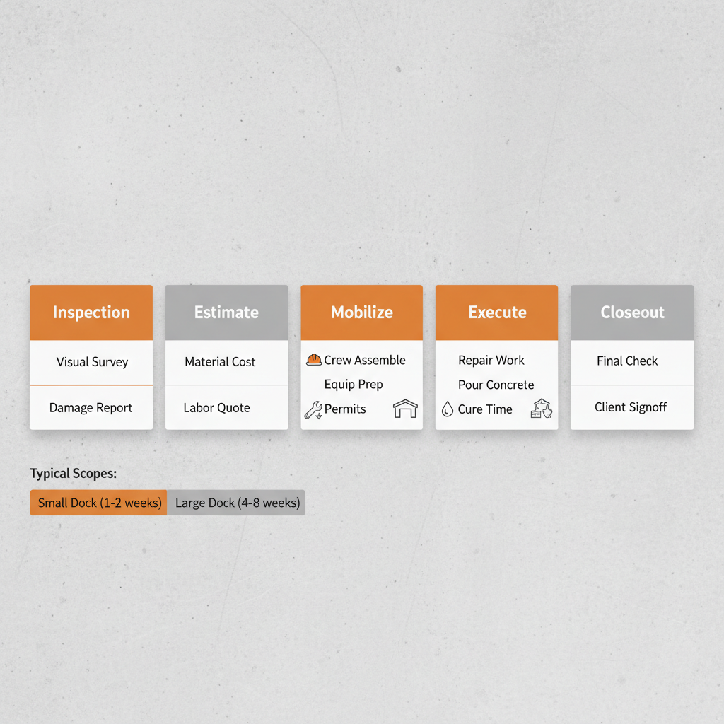 Horizontal process flow depicting Silver Spur Concrete's commercial concrete dock repair workflow