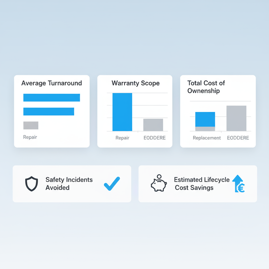 Data visualization comparing commercial concrete repair to replacement, showing benefits like faster turnaround, broader warranty, and lower total cost of ownership.