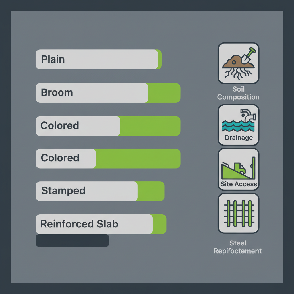 Infographic detailing commercial driveway types and their cost drivers in Houston, showing relative costs for plain, broom, colored, stamped, and reinforced slab finishes, with icons for soil conditions, drainage, access, and reinforcement.