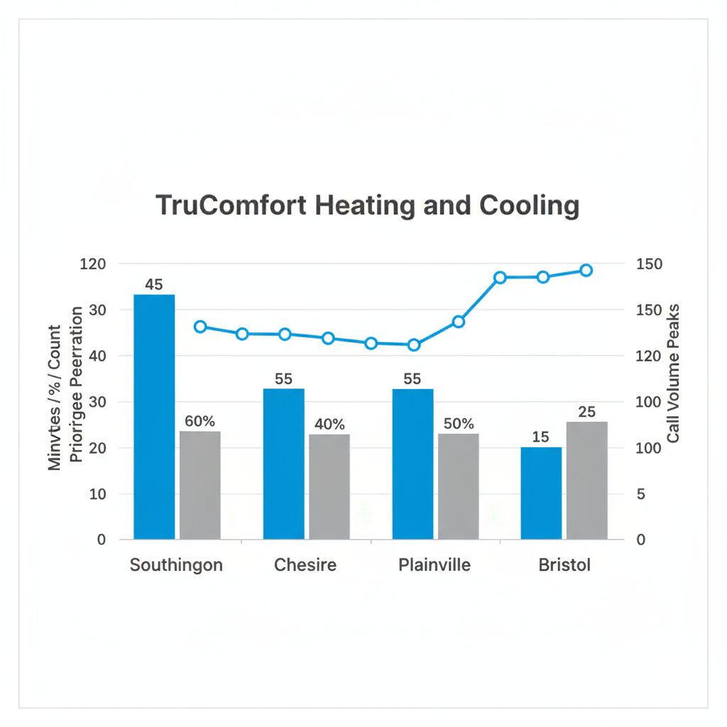 Data visualization showing HVAC service response times, call volume, and maintenance plan penetration in Southington, Cheshire, Plainville, and Bristol.
