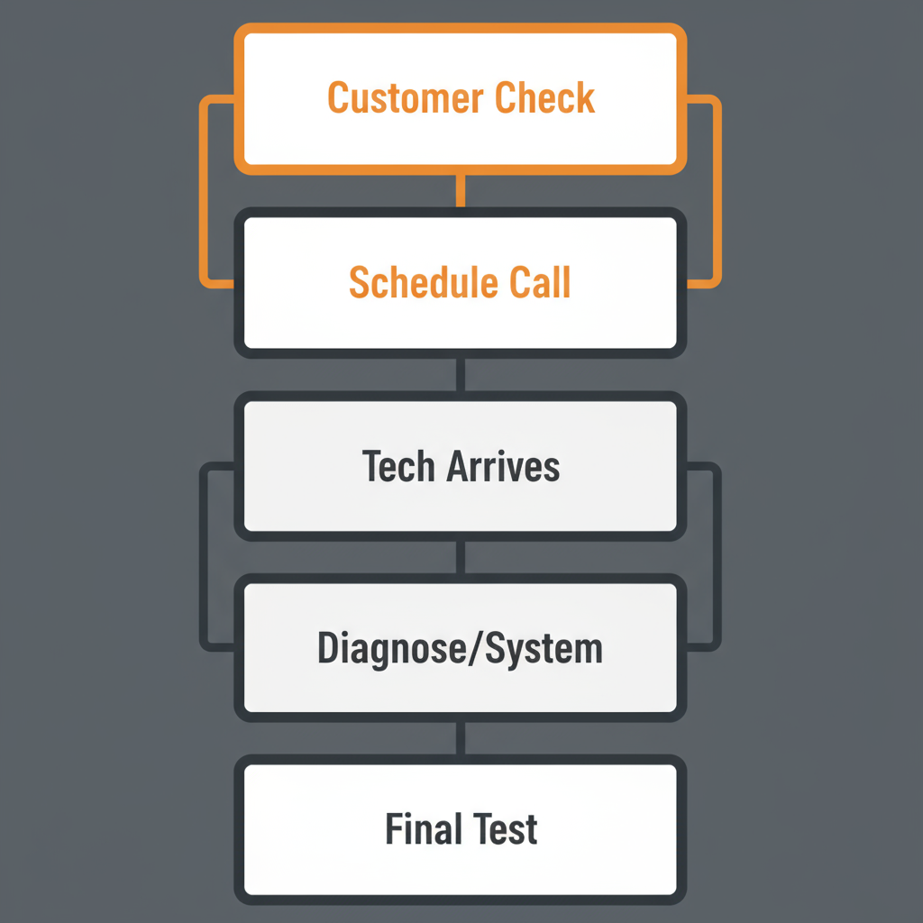 Vertical process flow showing steps of a residential heating service call, including scheduling, diagnostic, repair, and final testing.