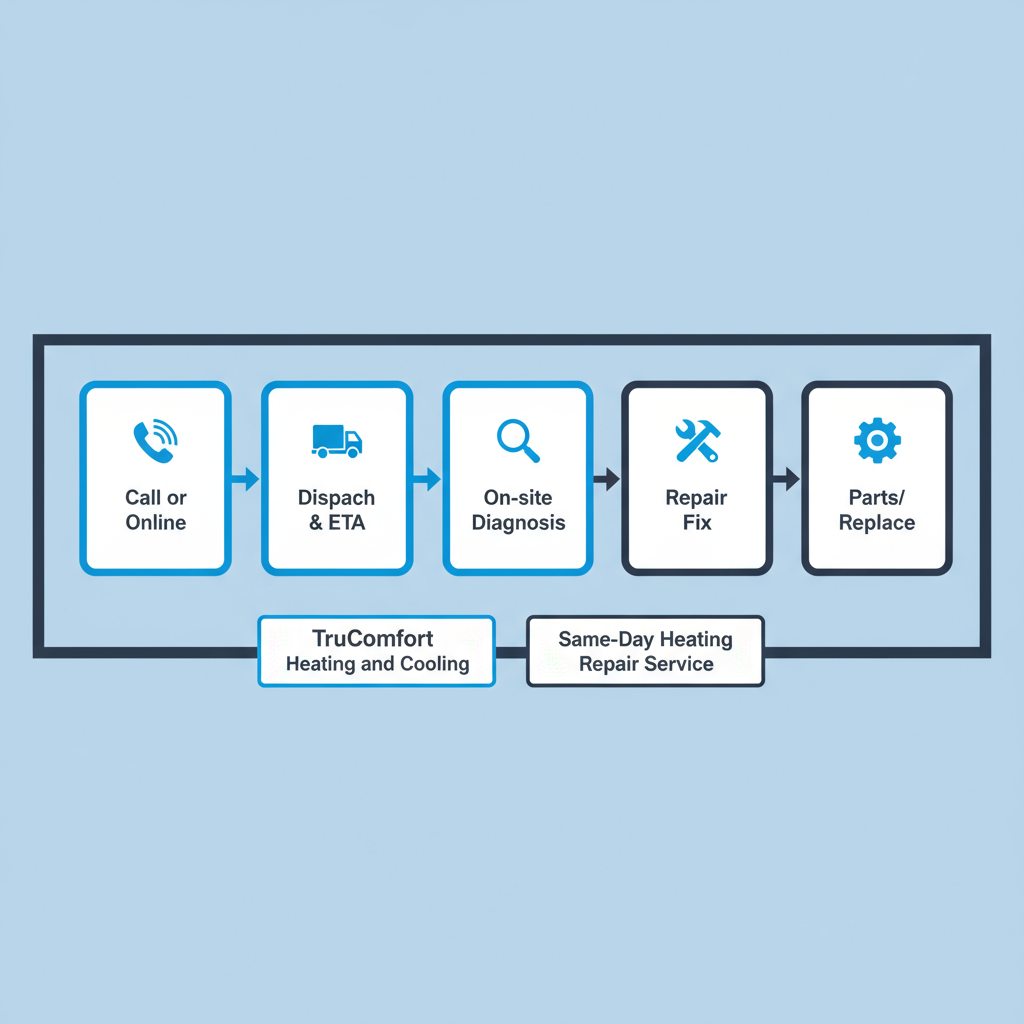 Horizontal process flow depicting 5 steps to request same-day heating service from TruComfort Heating and Cooling, outlining communication, dispatch, diagnosis, repair, and resolution.