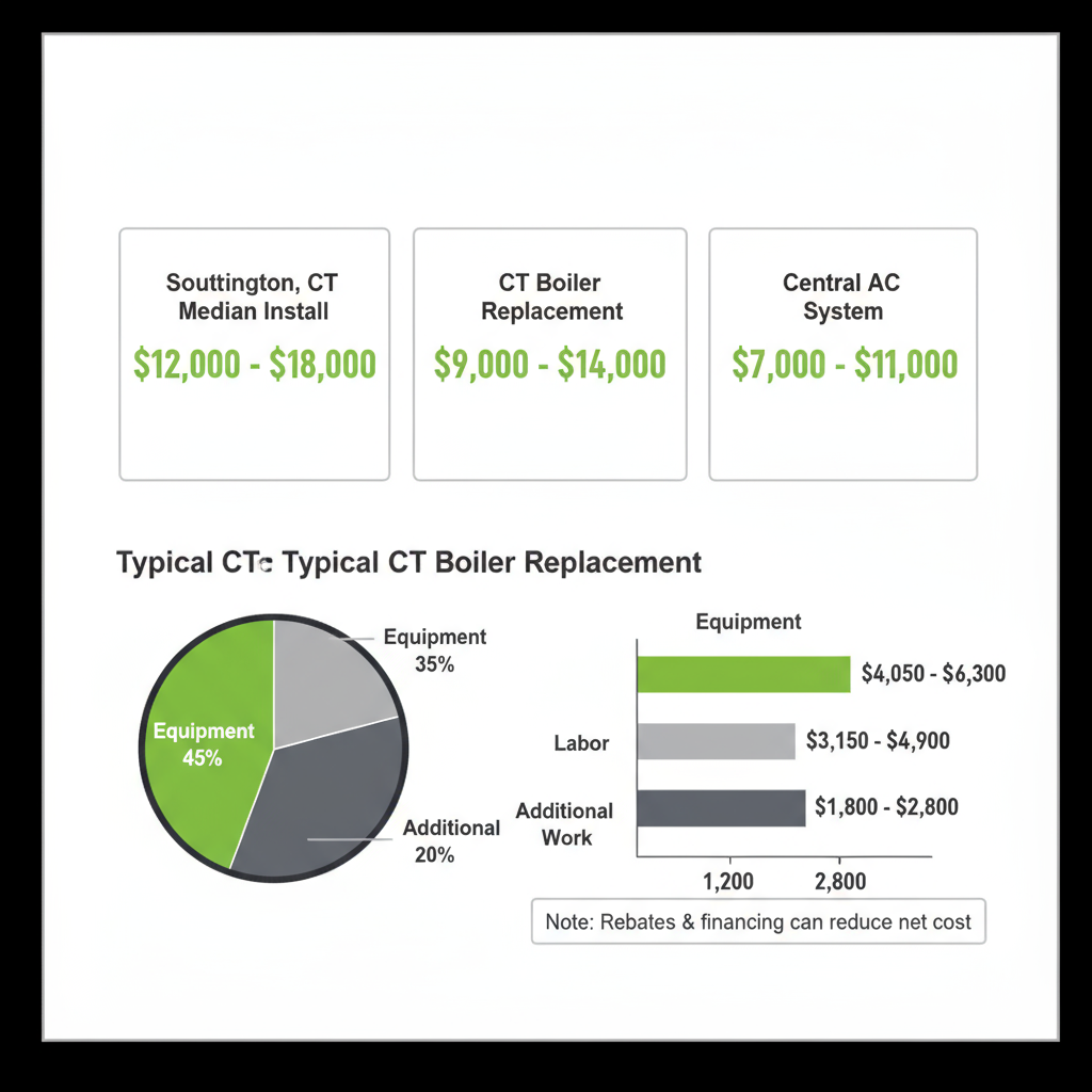 Square data visualization showing cost breakdown for a typical residential boiler replacement in Connecticut, including equipment, labor, and additional work percentages, with notes on rebates.