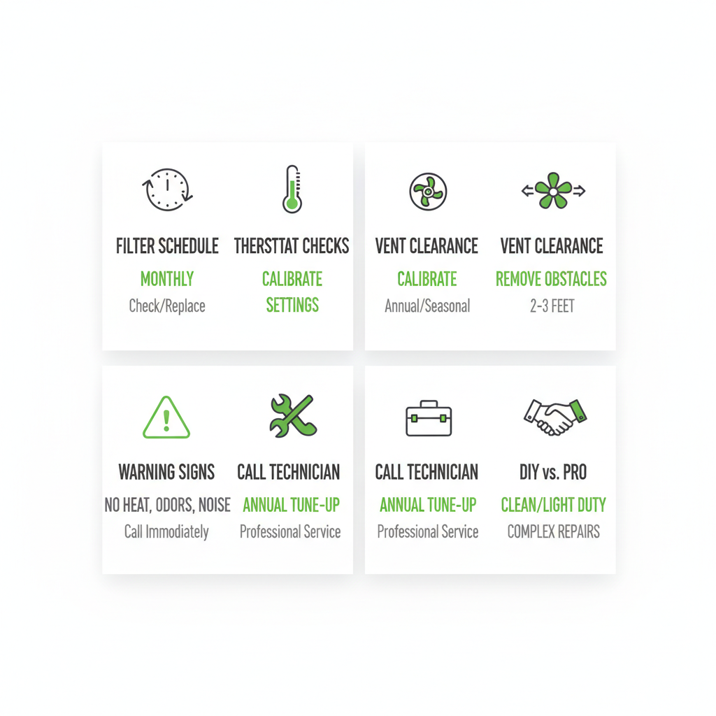 Infographic showing a six-point maintenance checklist for a furnace, comparing DIY tasks with professional services, using icons for each step.