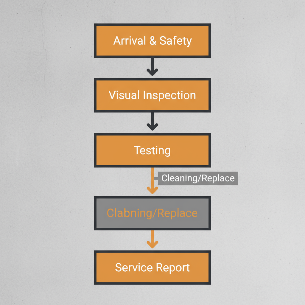 Vertical process flow illustrating the steps of a TruComfort boiler service, from arrival to final report.
