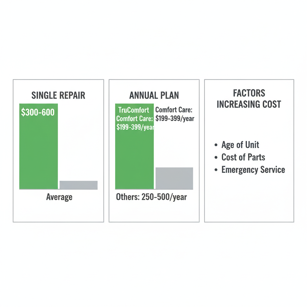 Data visualization comparing typical single HVAC repair costs to annual maintenance plan costs, highlighting factors that increase repair expenses.