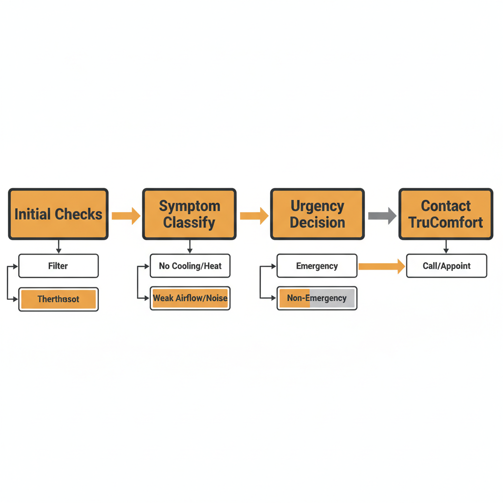A horizontal process flow showing steps for a homeowner to troubleshoot common HVAC problems before calling for professional help.