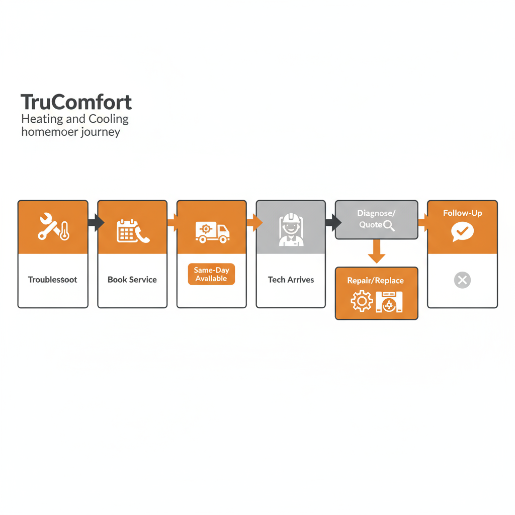 A horizontal process flow diagram showing the steps for a homeowner to get HVAC service from TruComfort, including troubleshooting, booking, technician arrival, diagnosis, repair decision, and follow-up.
