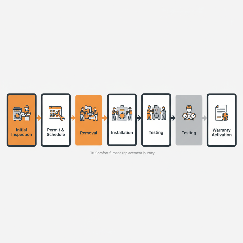 Process flow diagram showing the six steps of a furnace replacement service, from inspection to warranty activation, with icons and time estimates.