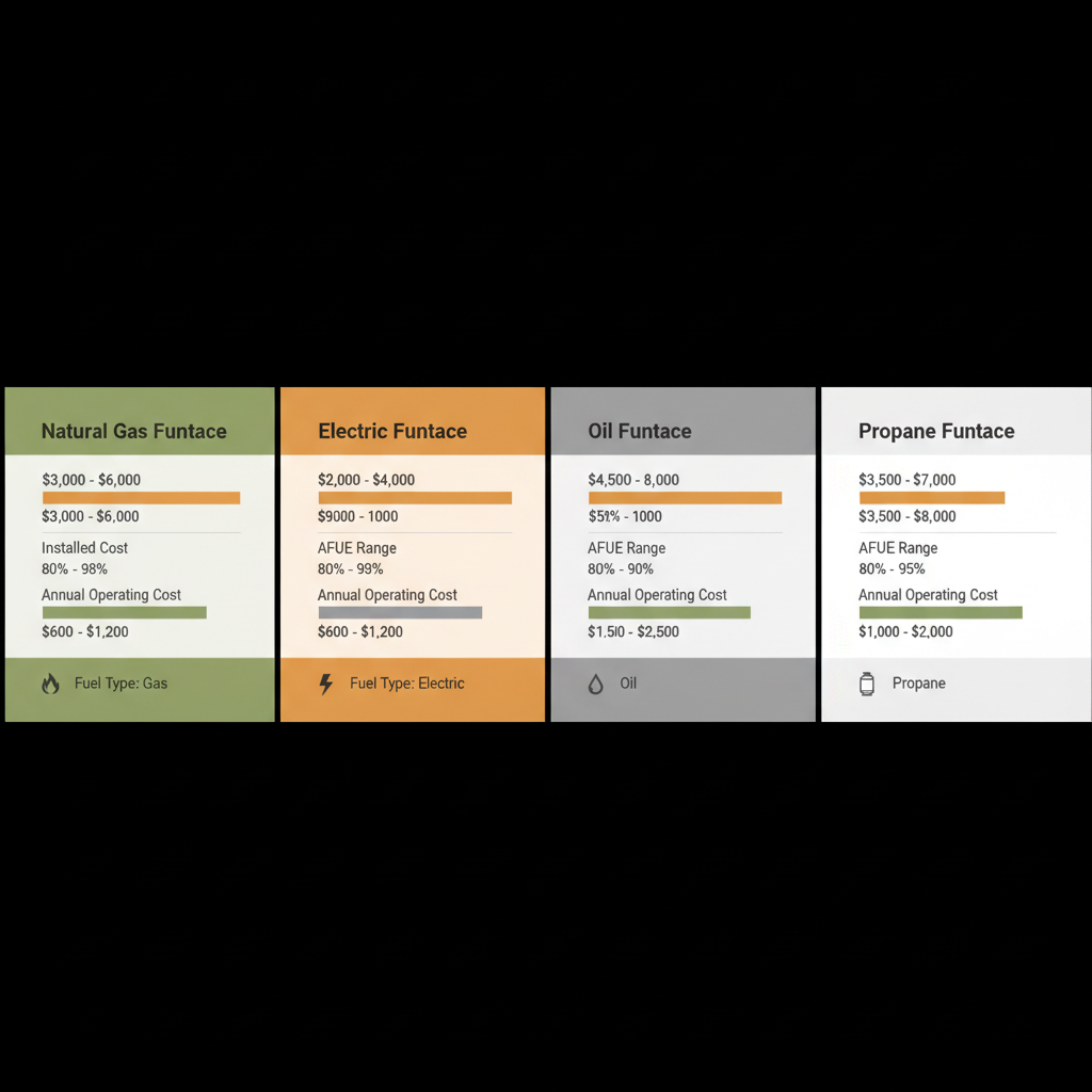 Data visualization comparing furnace types by installed cost, AFUE ranges, and annual operating costs for 2025.