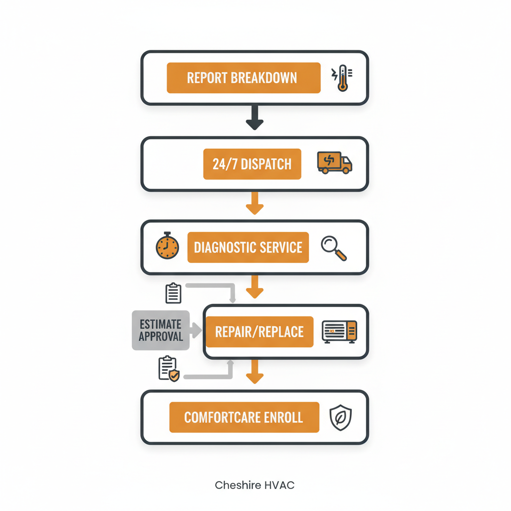 Vertical process flow showing steps for emergency furnace repair from breakdown report to enrollment in Comfort Care plan