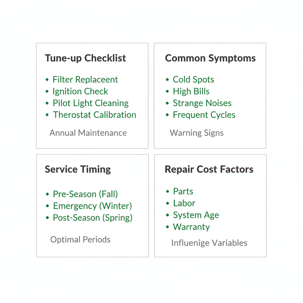 Infographic detailing furnace tune-up checklist, common heating system symptoms, seasonal service timing, and repair cost factors relevant to Cheshire homeowners.