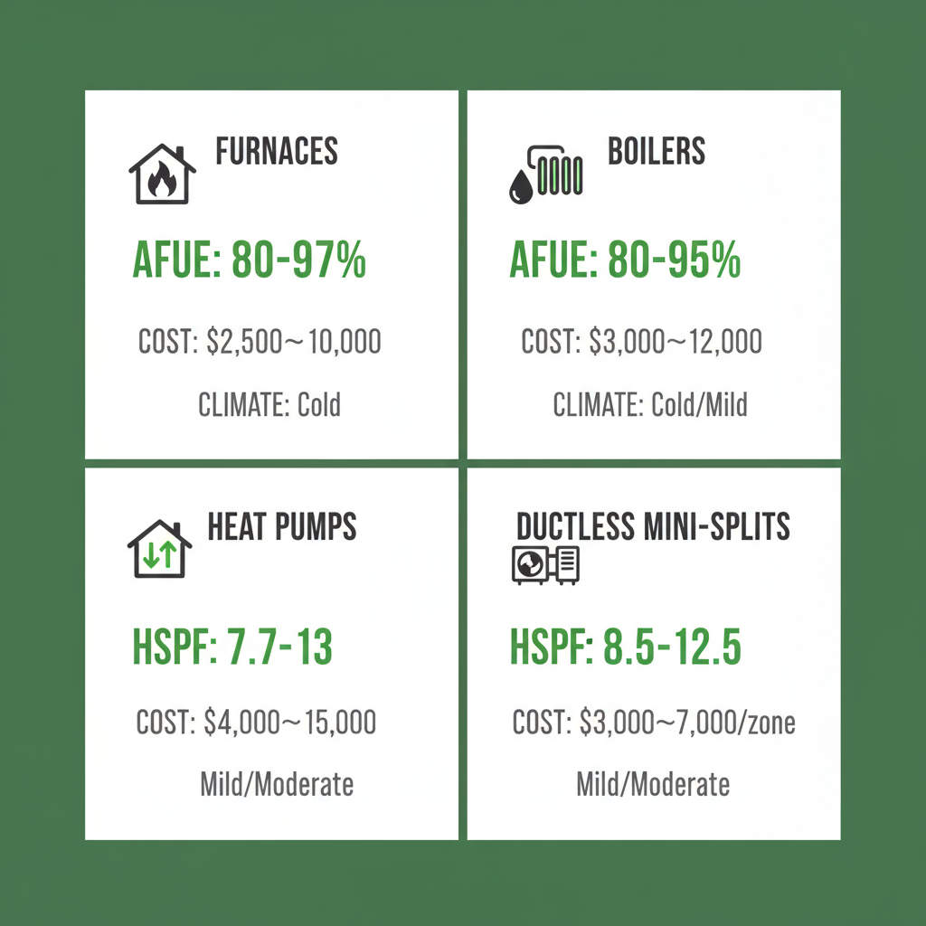 Infographic showing different residential heating system types like furnaces, boilers, heat pumps, and mini-splits with their efficiency ratings, cost ranges, and best climate uses.