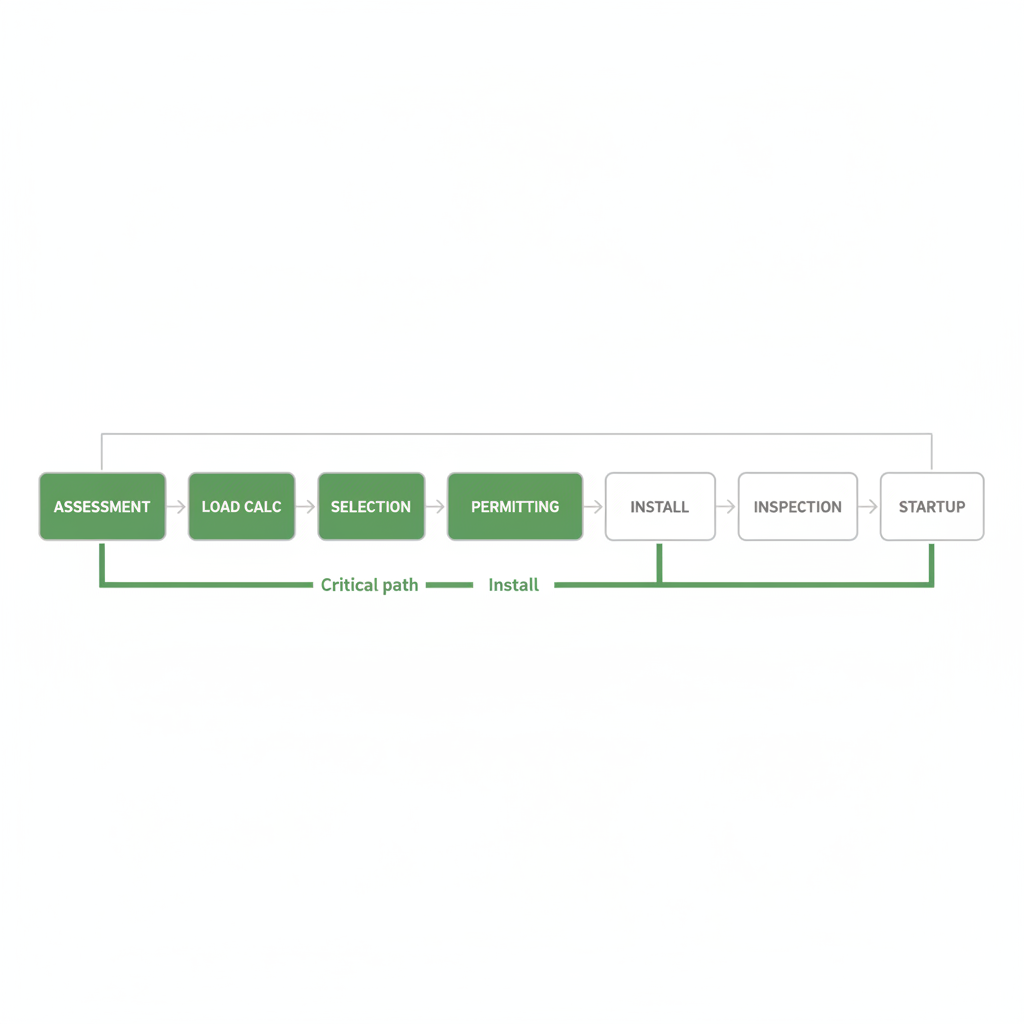 Horizontal process flow illustrating the stages of HVAC installation from pre-assessment to post-installation startup.