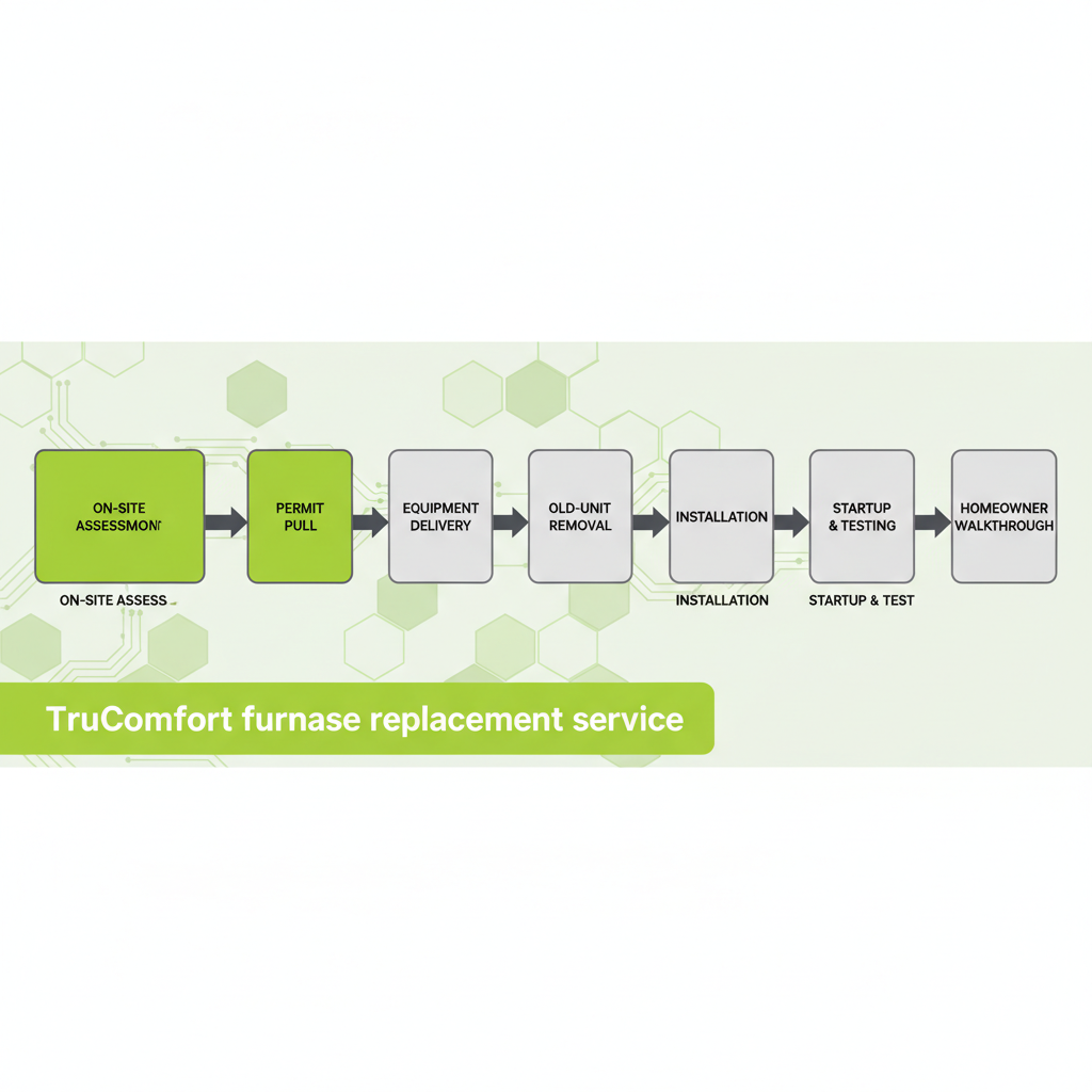 Illustrated process flow detailing the steps for a furnace replacement service by TruComfort, from assessment to homeowner walkthrough.
