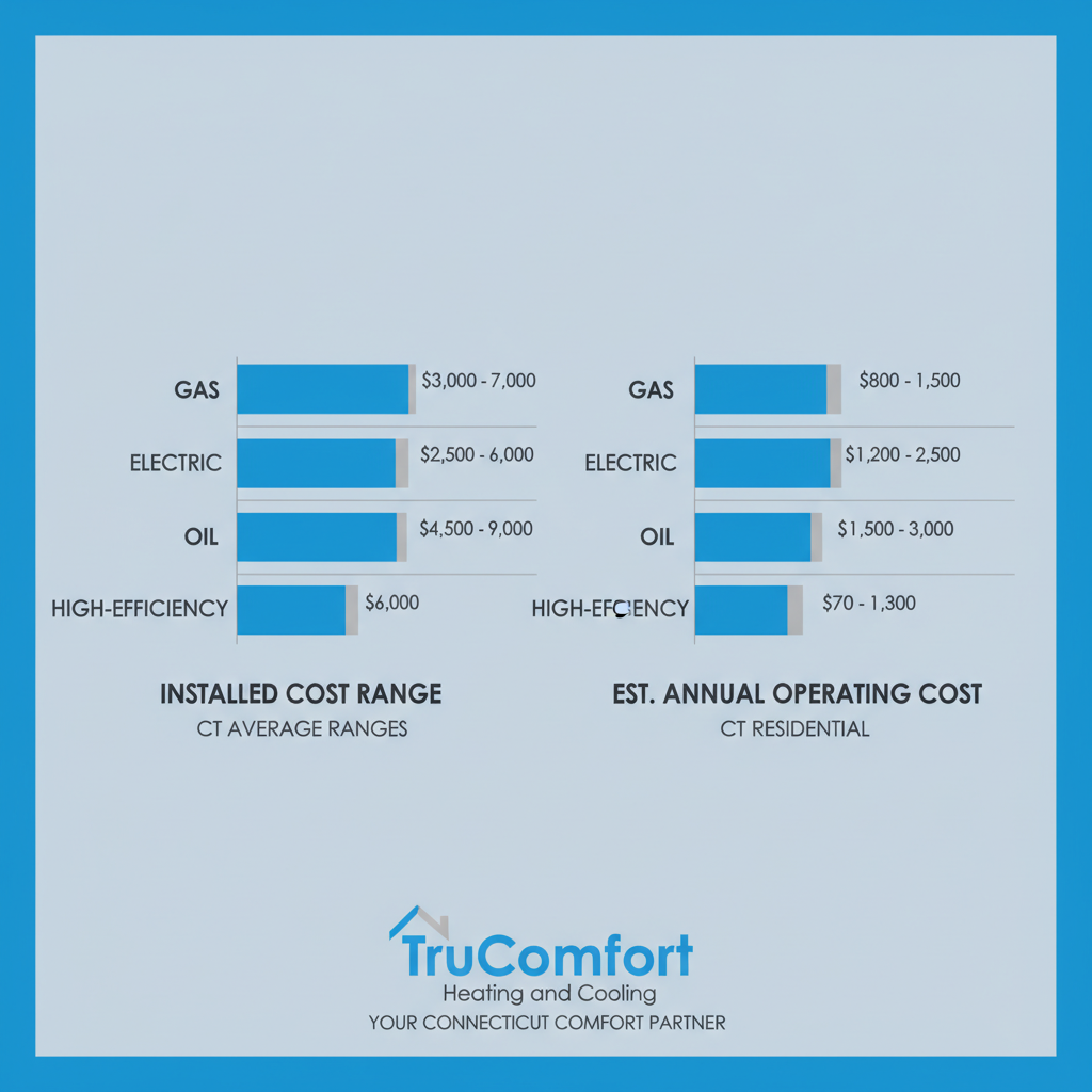 Data visualization comparing installed cost ranges and estimated annual operating costs for gas, electric, oil, and high-efficiency furnaces in Connecticut.