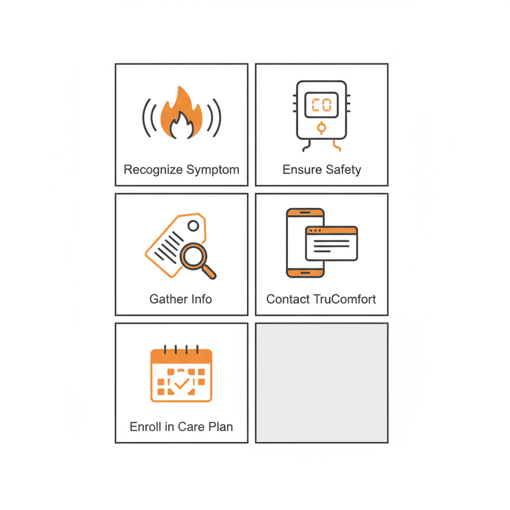 A set of five square icons illustrating the steps to request HVAC service, including symptom recognition, safety, gathering information, contact methods, and maintenance plan enrollment.