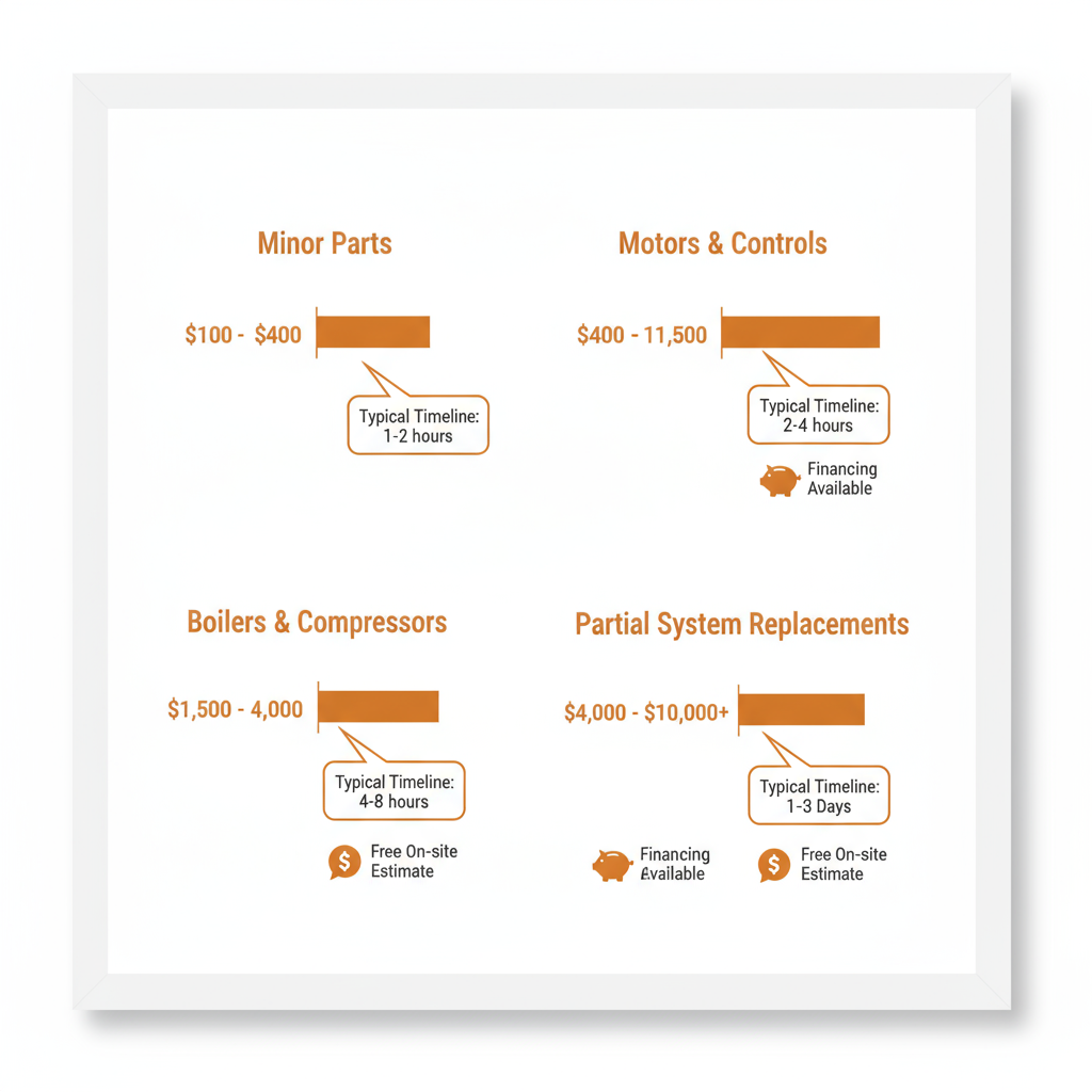 Data visualization showing typical residential HVAC repair cost ranges for minor parts, motors, boilers, compressors, and partial system replacements, with callouts for timelines, financing, and free estimates.
