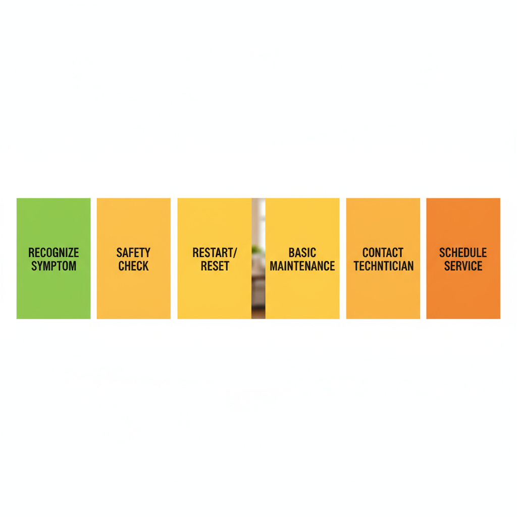 A horizontal process flow showing six steps for homeowners to troubleshoot HVAC issues, from symptom recognition to scheduling professional service.