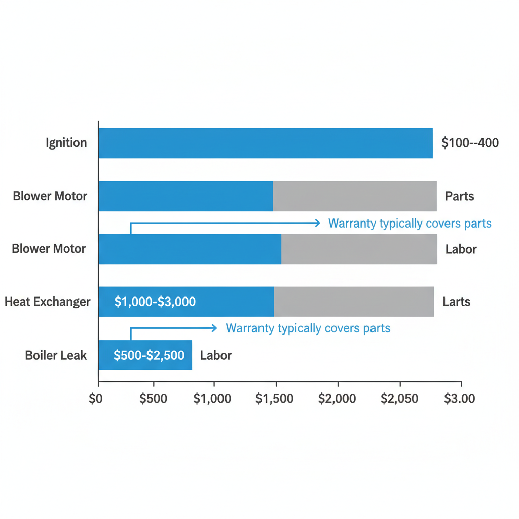 Infographic illustrating typical cost ranges for common HVAC repairs like ignition, blower motor, heat exchanger, and boiler leaks, with labor and parts breakdown.