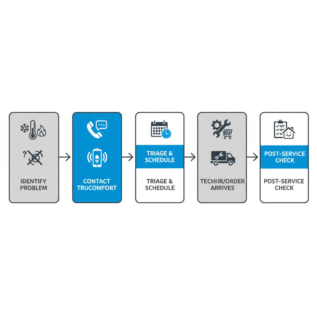 Horizontal process flow depicting the six steps a homeowner takes to arrange service with TruComfort Heating and Cooling, from problem identification to post-service completion.