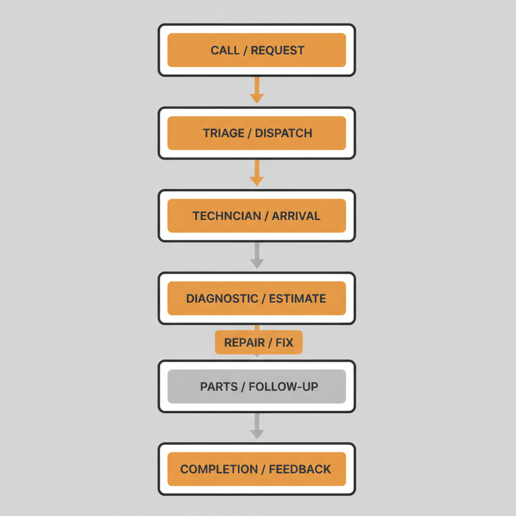 A vertical process flow diagram illustrating TruComfort's 24/7 emergency HVAC repair steps from initial contact to resolution.