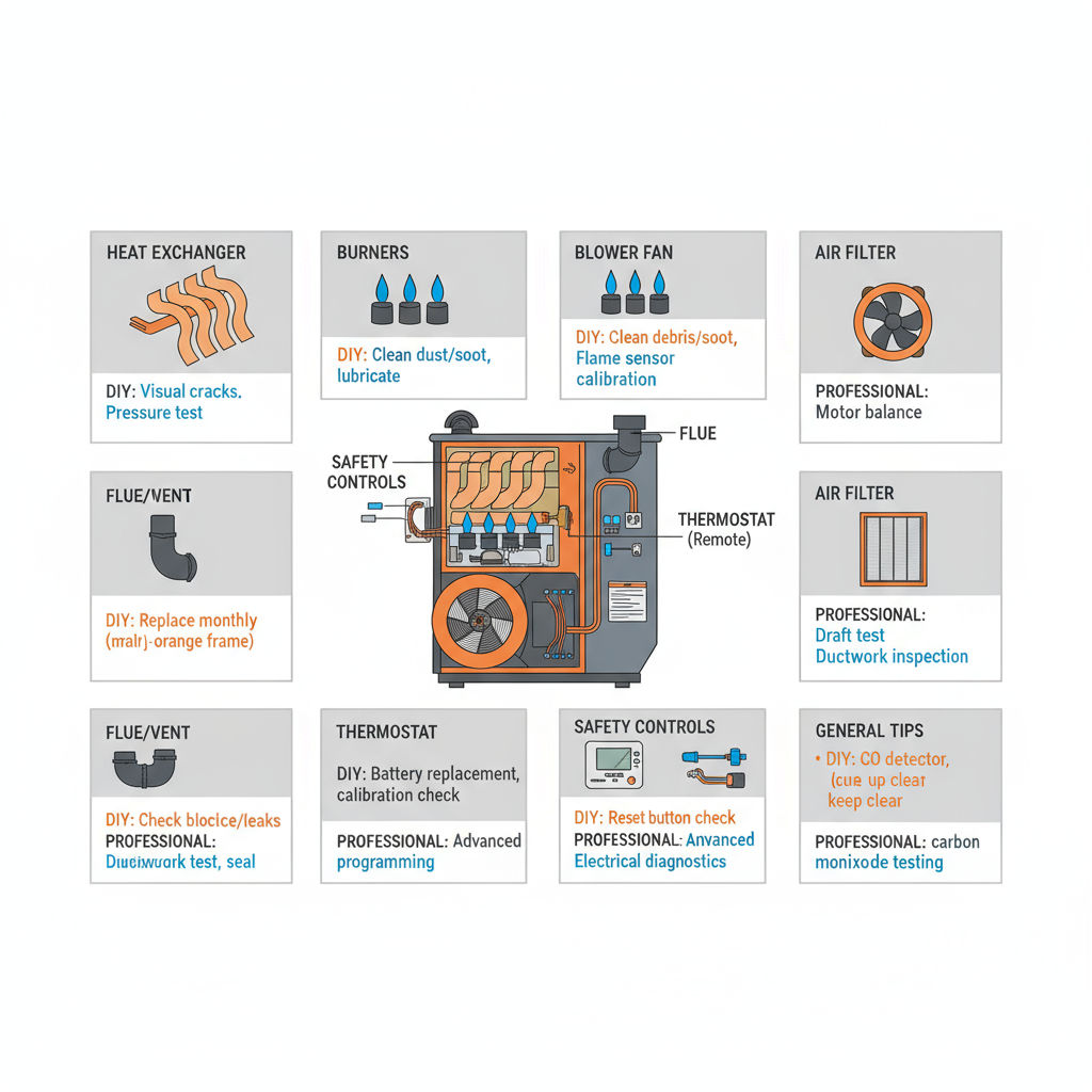 Infographic showing the labeled anatomy of a furnace, highlighting components for DIY inspection and those requiring professional HVAC service.