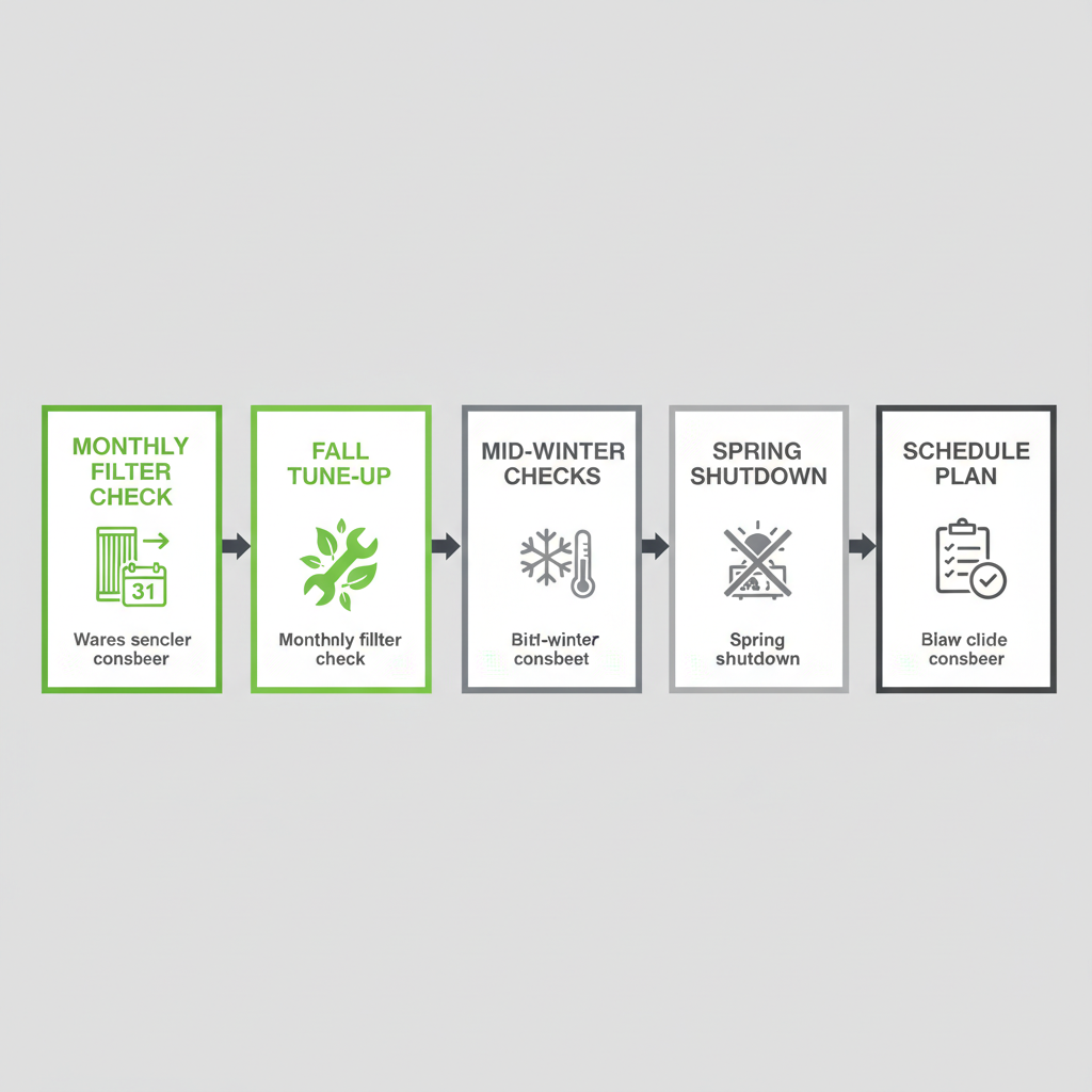 A horizontal process flow showing a 5-step homeowner HVAC maintenance checklist with icons for filter, calendar, technician, thermostat, and phone, and labels for each step.