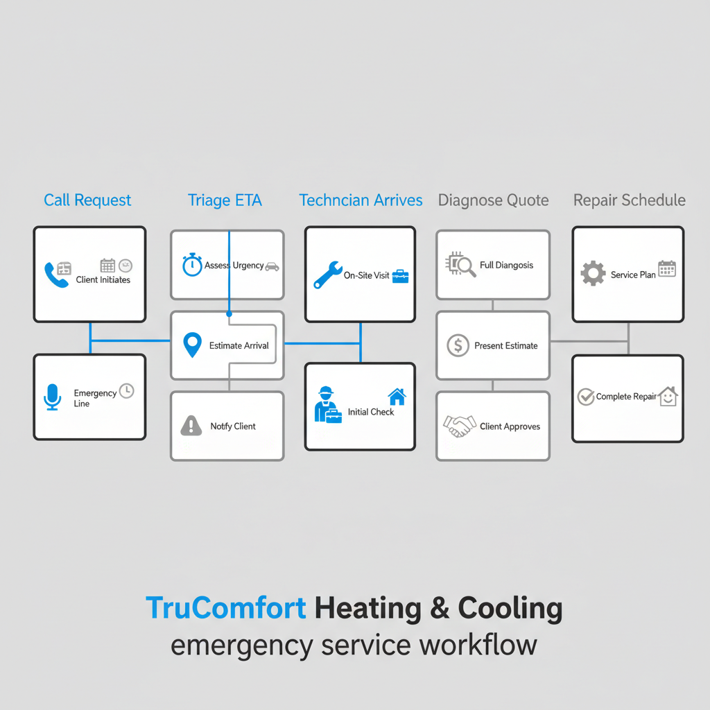 Illustrated vertical process flow demonstrating TruComfort Heating & Cooling's 24-hour emergency HVAC service workflow, from initial call to repair completion.