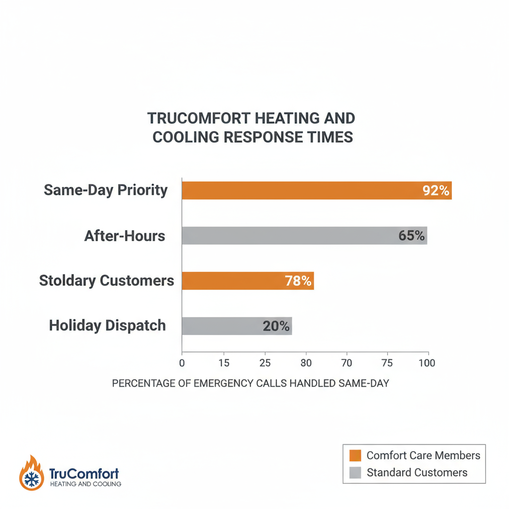 Horizontal bar chart showing TruComfort's service response times, comparing Comfort Care members to standard customers for same-day emergency handling.