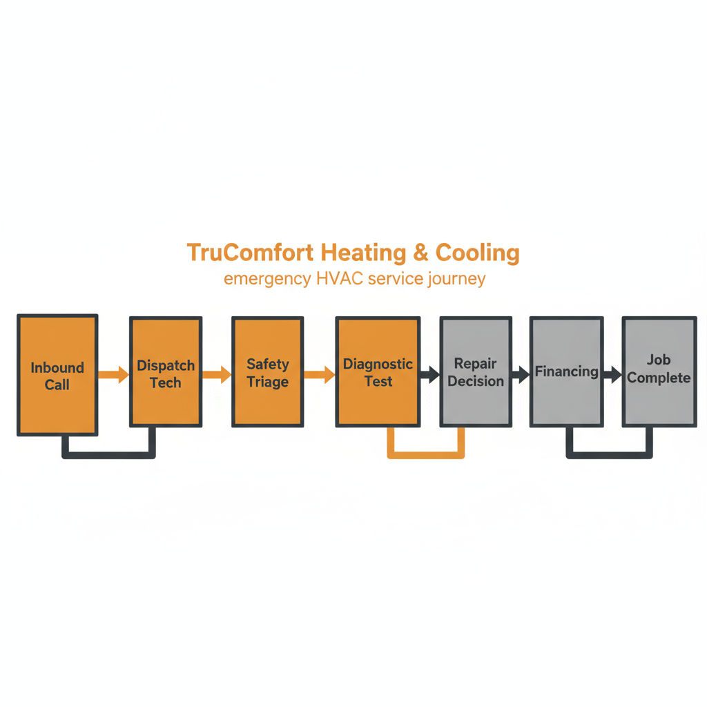 A horizontal process flow showing the steps for TruComfort Heating & Cooling's emergency HVAC service, from initial call to job completion.