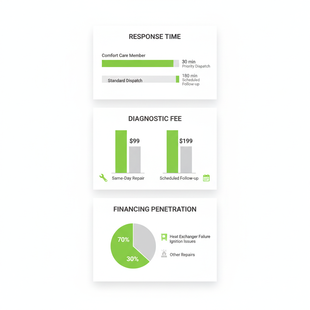 Data visualization depicting TruComfort's emergency HVAC response times, diagnostic fees, and financing options for residential clients.