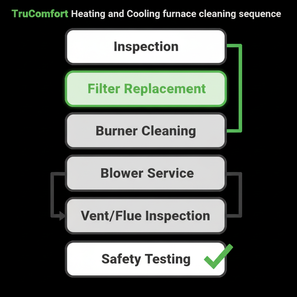 Vertical process flow showing the steps of a professional furnace cleaning service, including inspection and safety testing.