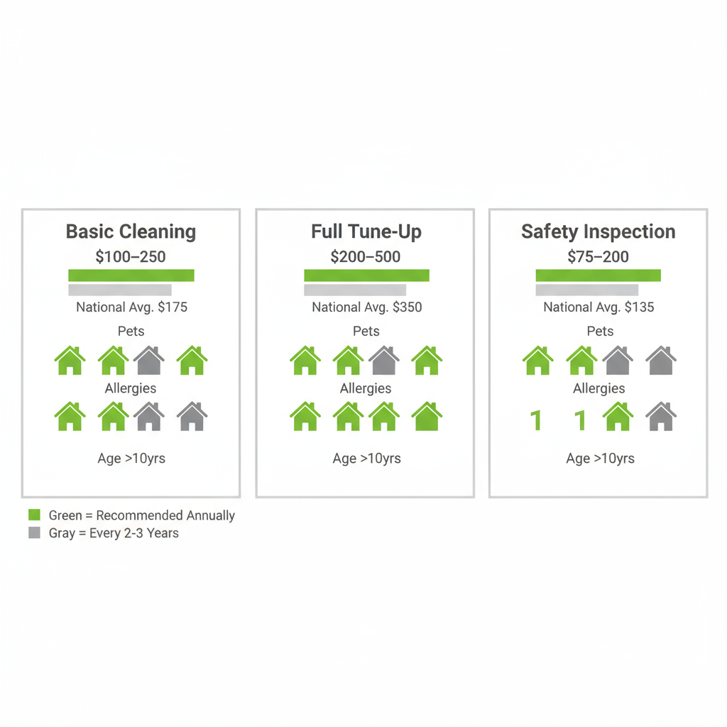 Data visualization comparing costs and recommended frequencies for HVAC services including basic cleaning, full tune-up, and safety inspection.