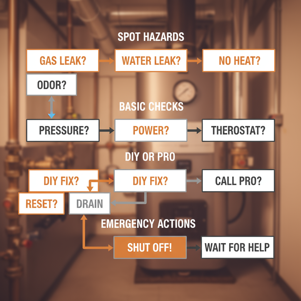 A vertical process flow diagram illustrating steps for a homeowner to troubleshoot a boiler, including checking for hazards, basic diagnostics, deciding when to call a professional, and emergency procedures.