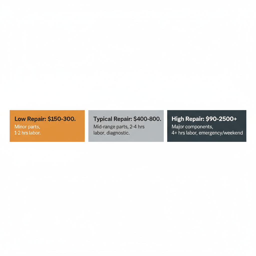 Square data visualization showing a three-bar chart with cost brackets for common boiler repairs: Low, Typical, and High, annotated with cost ranges and drivers.