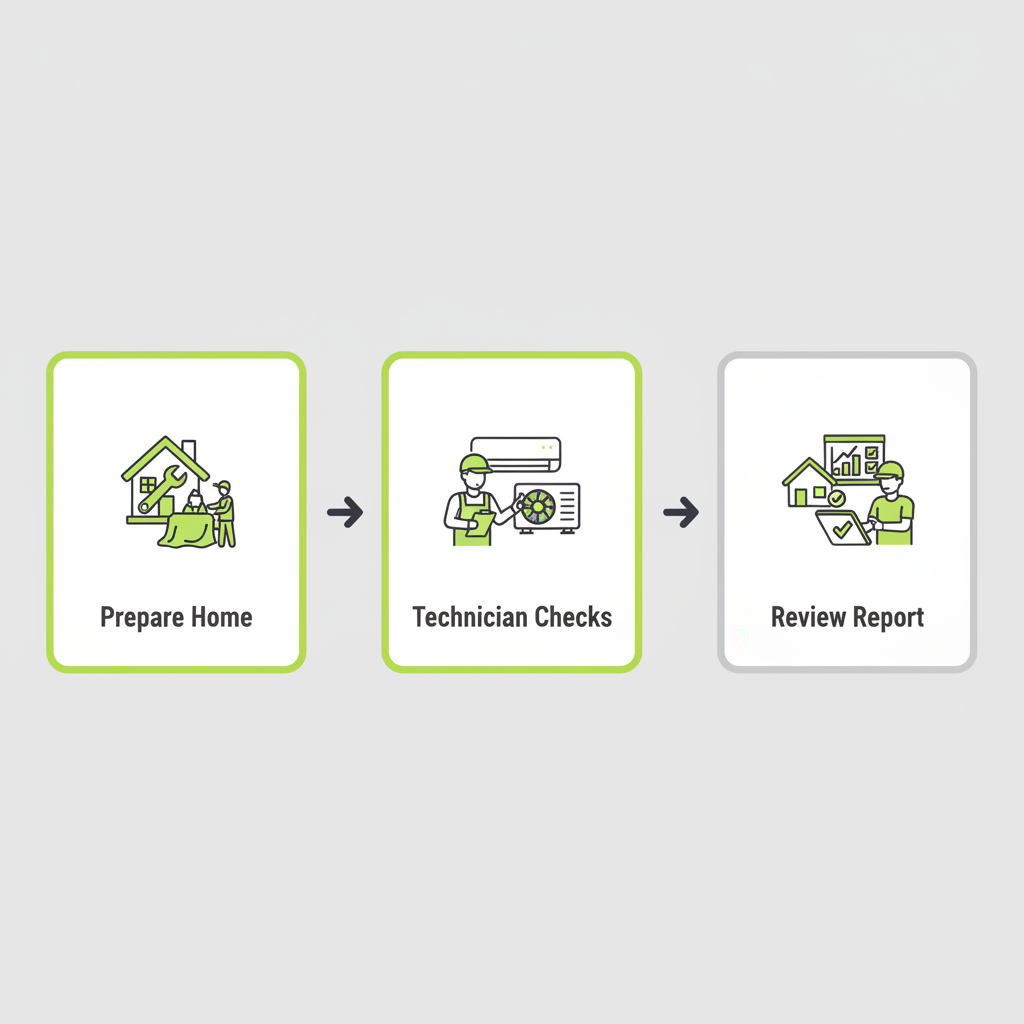 A horizontal process flow showing three main steps for a homeowner during an HVAC inspection: 'Prepare Home', 'Technician Checks', and 'Review Report'.