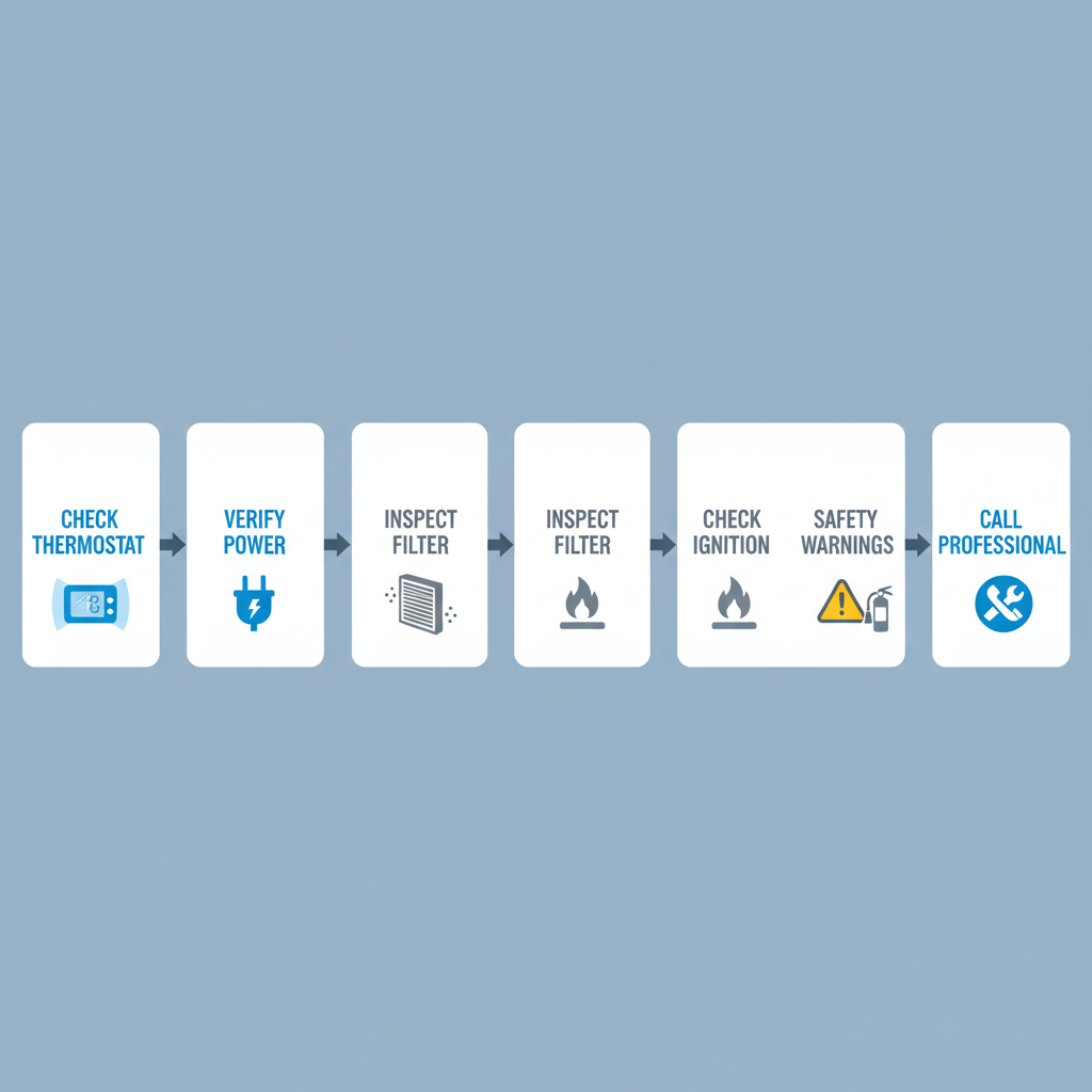 A horizontal process flow guiding homeowners through troubleshooting common HVAC issues, from checking the thermostat to calling a professional, with clear steps and icons.