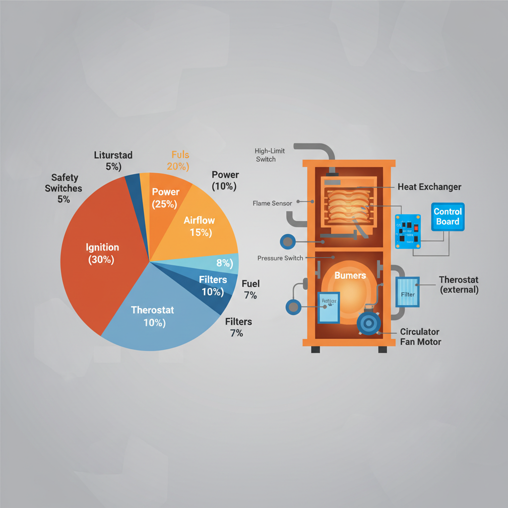 Infographic showing a pie chart of common heating system failure causes and a labeled diagram of a furnace.