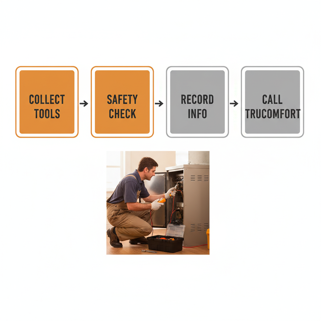 Horizontal process flow for homeowner furnace troubleshooting preparation, detailing steps like collecting tools and safety checks.