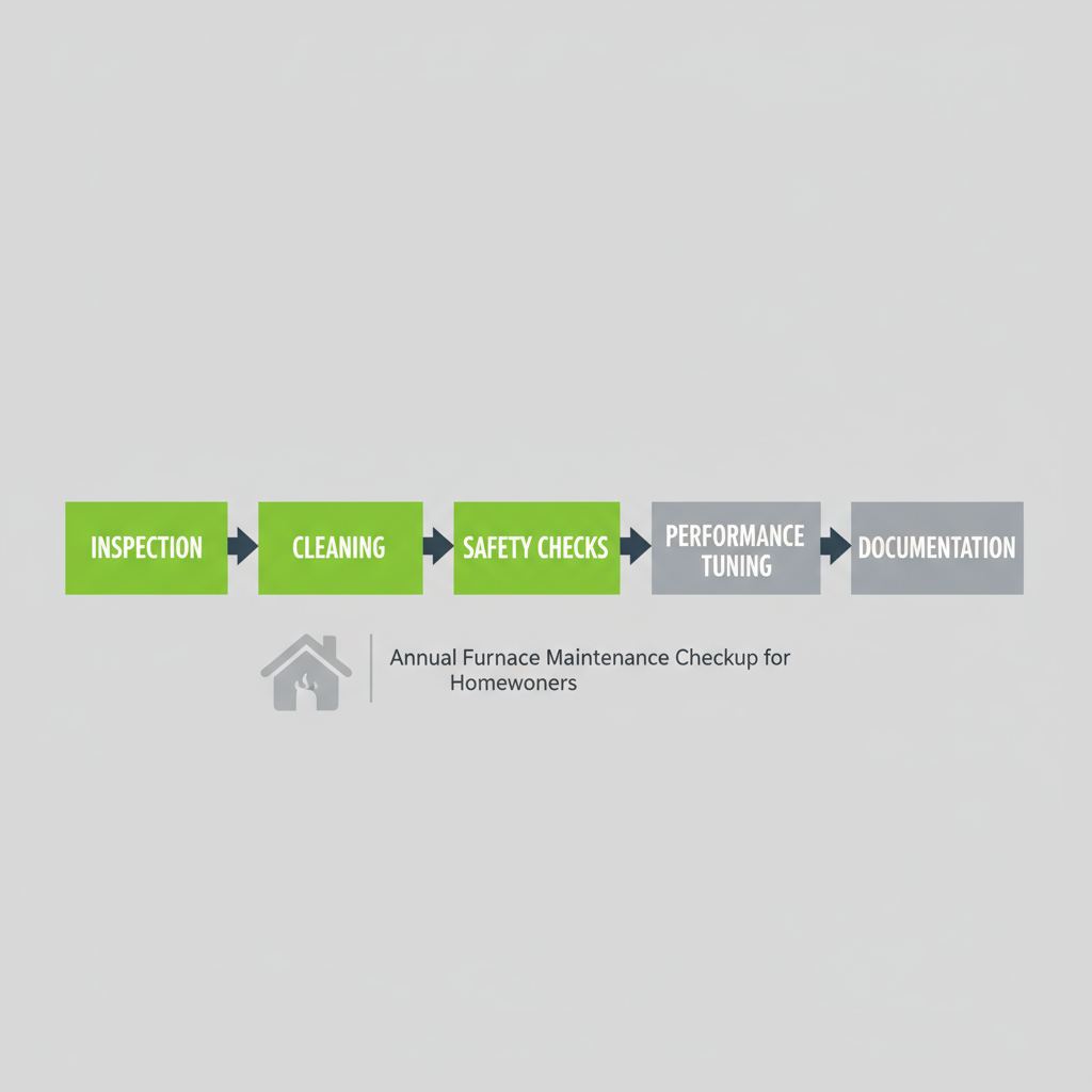 Horizontal process flow depicting five stages of annual furnace maintenance: inspection, cleaning, safety checks, performance tuning, and documentation.