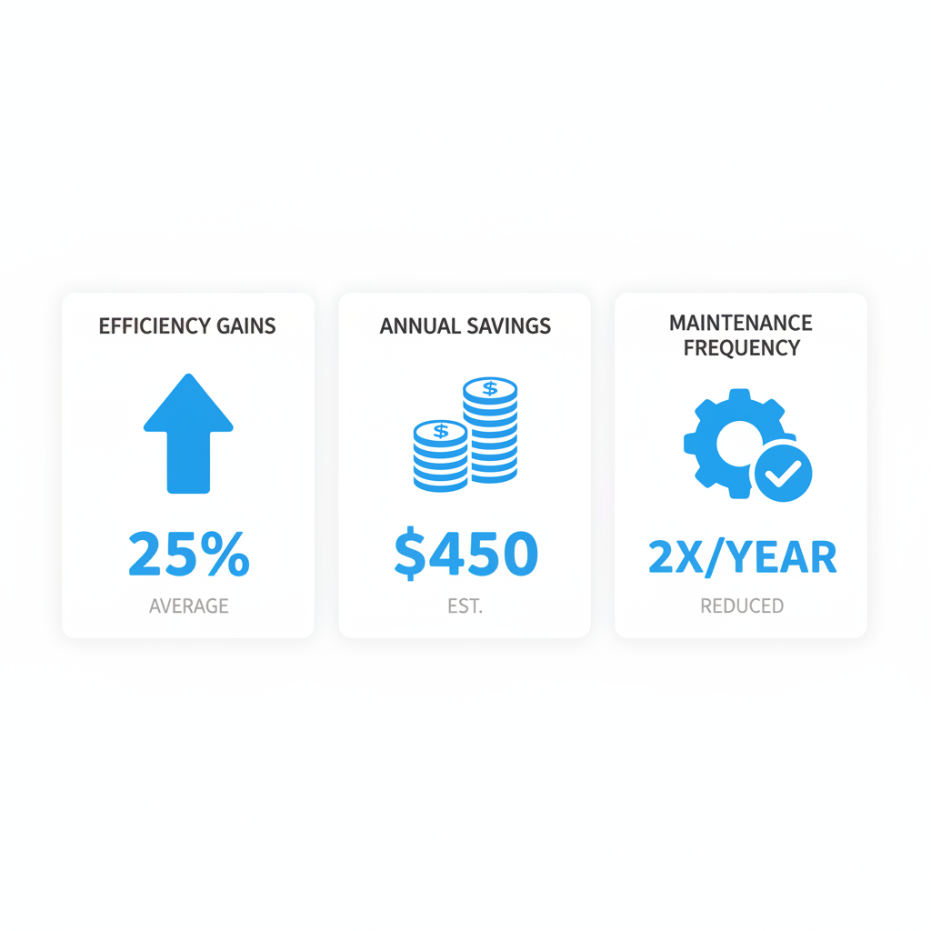 Infographic showing energy efficiency gains and annual cost savings for HVAC systems with regular maintenance