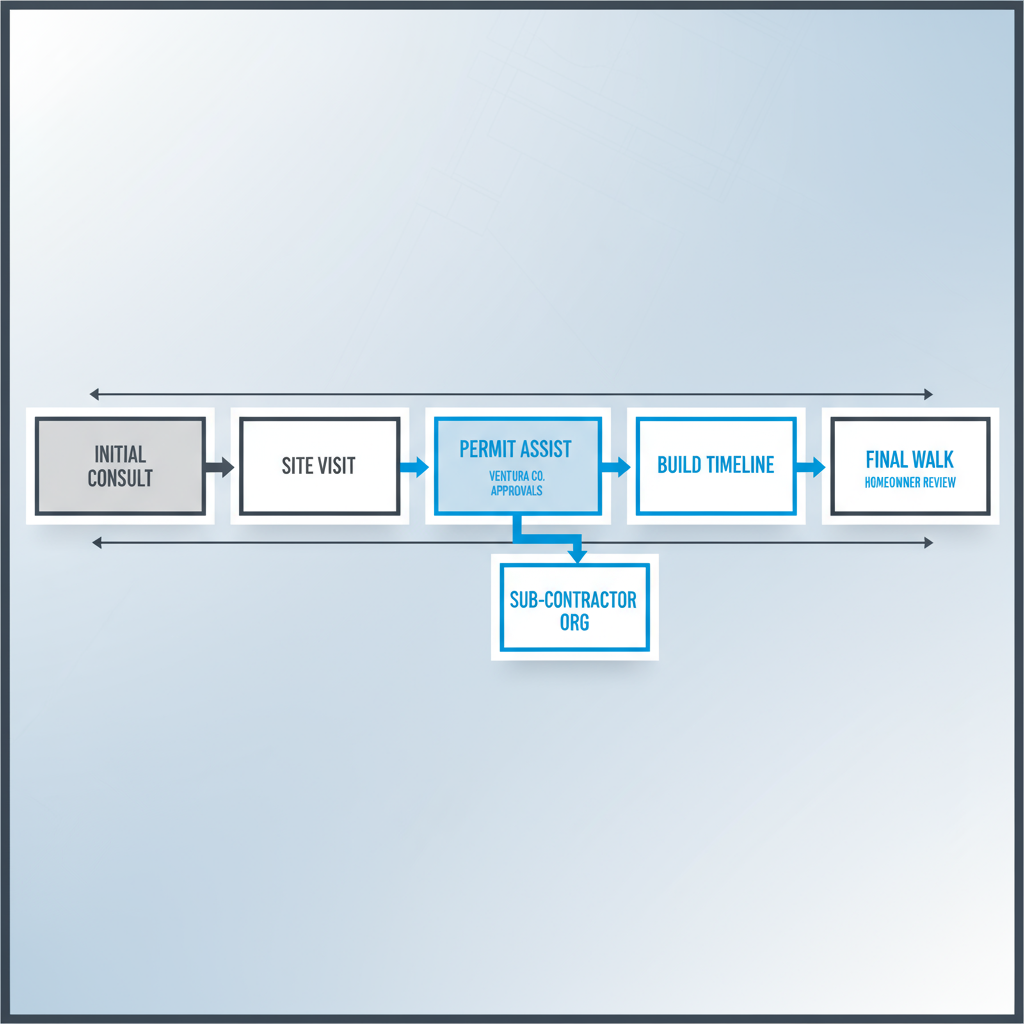Five-step process flow illustrating Conquest GBC's Ventura remodeling onboarding process for homeowners, showing initial consultation, site visit, permit assistance, construction timeline, and final walkthrough.
