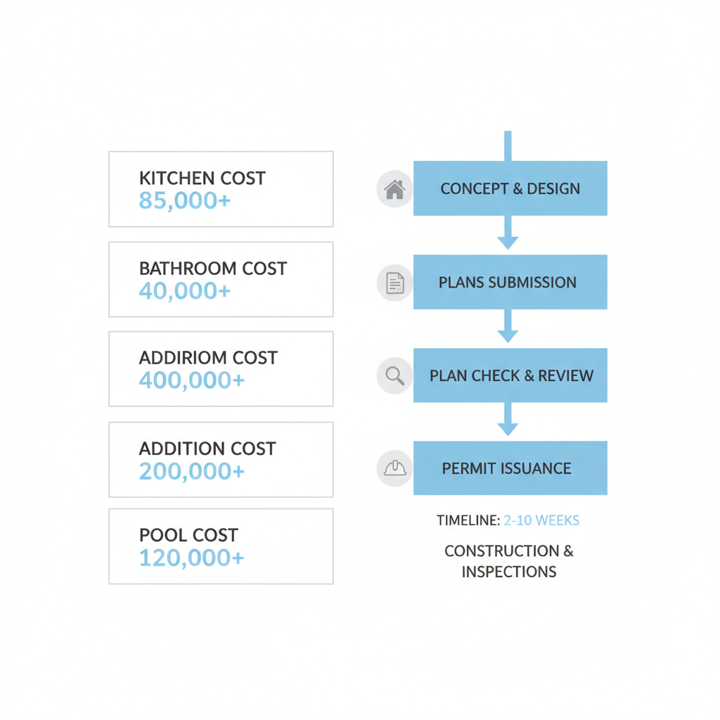 Infographic detailing typical project costs and permit steps for home remodels in Thousand Oaks, featuring icons for kitchen, bathroom, addition, and pool.